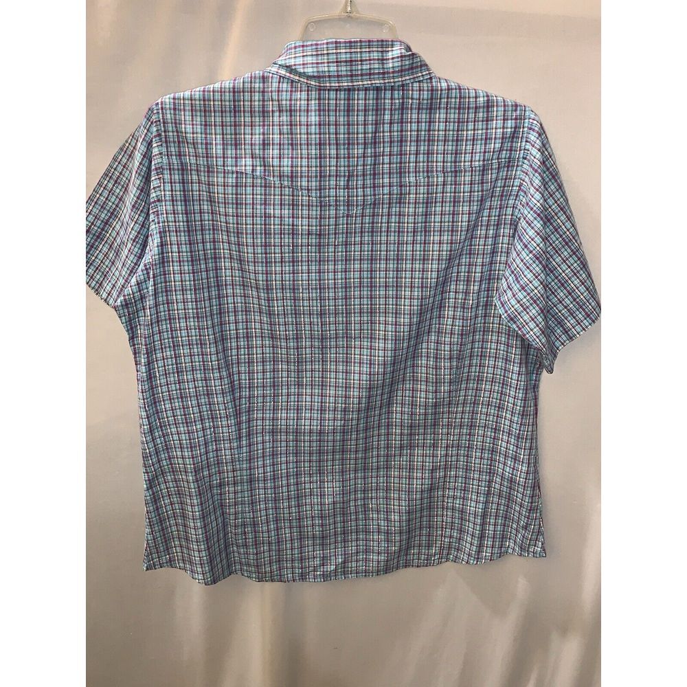 Women's L Blue Pink Sparkle plaid Wrancher Wrangler Short Sleeve Pearl Snap - Picture 9 of 16